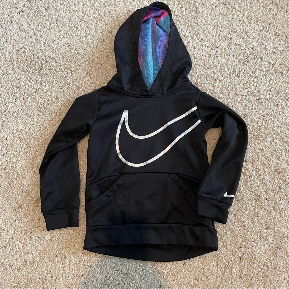 Nike girls black hooded sweatshirt with metallic swish XS 4